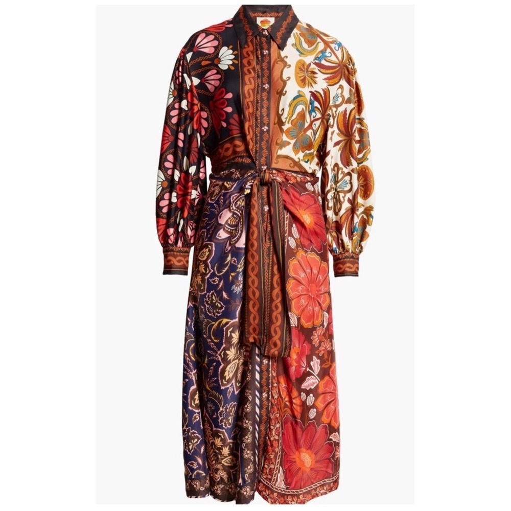 FARM Rio Miranda Mix Multicolor‎ Chemise Midi Dress Midi Tie Waist Sz XS Boho - Picture 3 of 6
